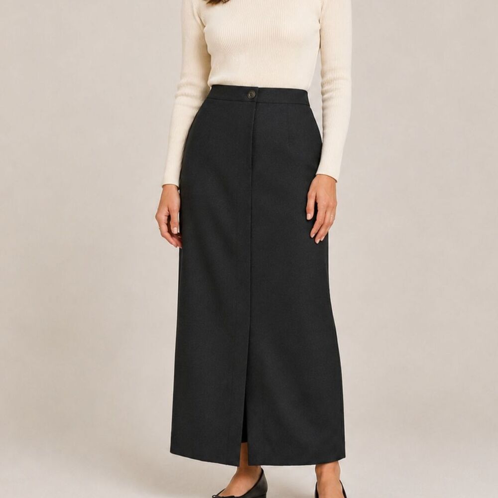 Vintage J. McLaughlin Black Wool Blend Maxi Skirt 4 Minimalist Dark Academia